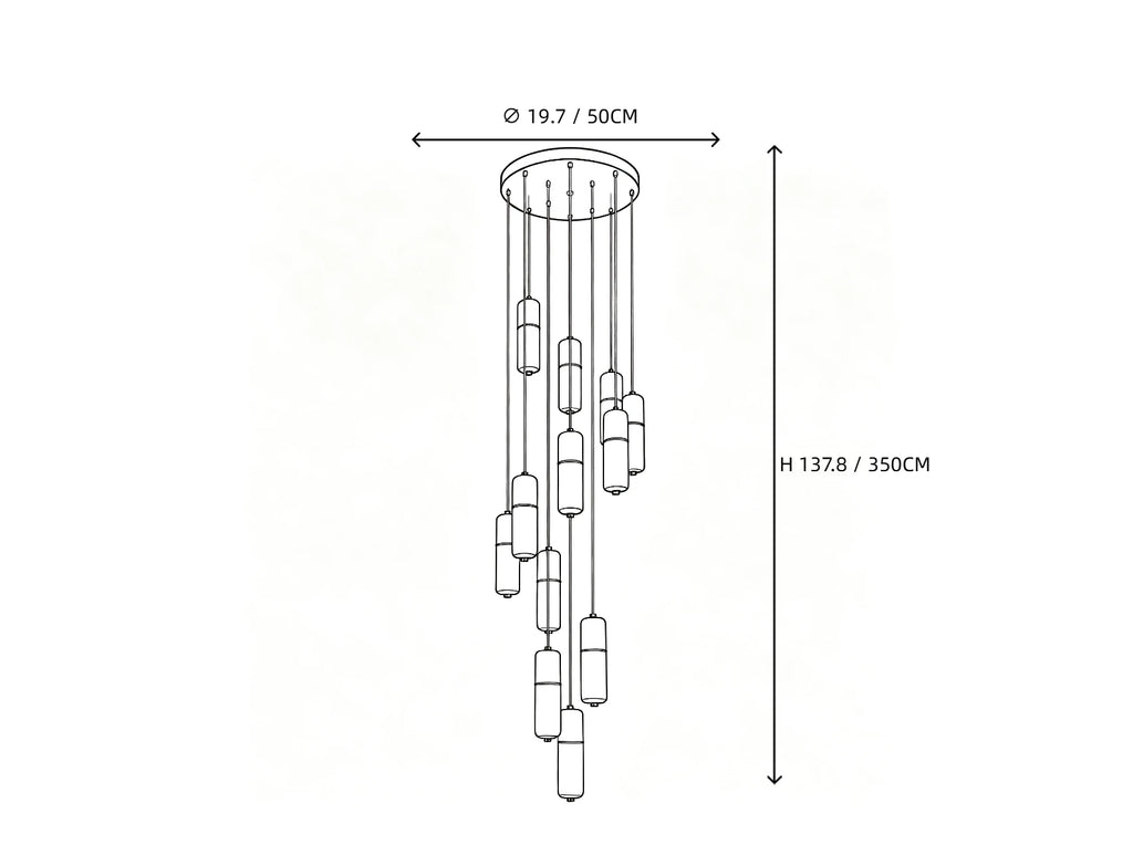 12 Light Alabaster Cylinder Chandelier Line Art Dimension Diagram