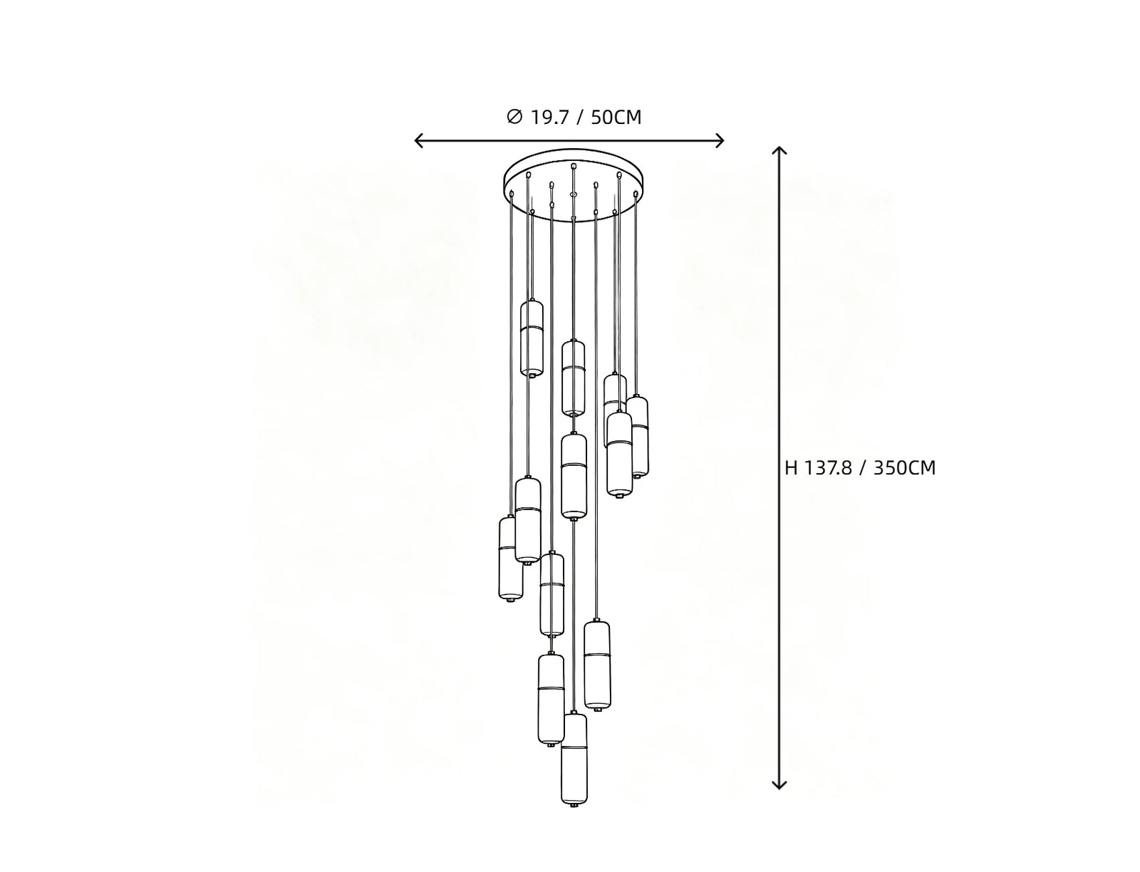 12 Light Alabaster Cylinder Chandelier Line Art Dimension Diagram