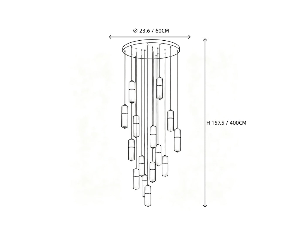 15 Light Alabaster Cylinder Chandelier Line Art Dimension Diagram