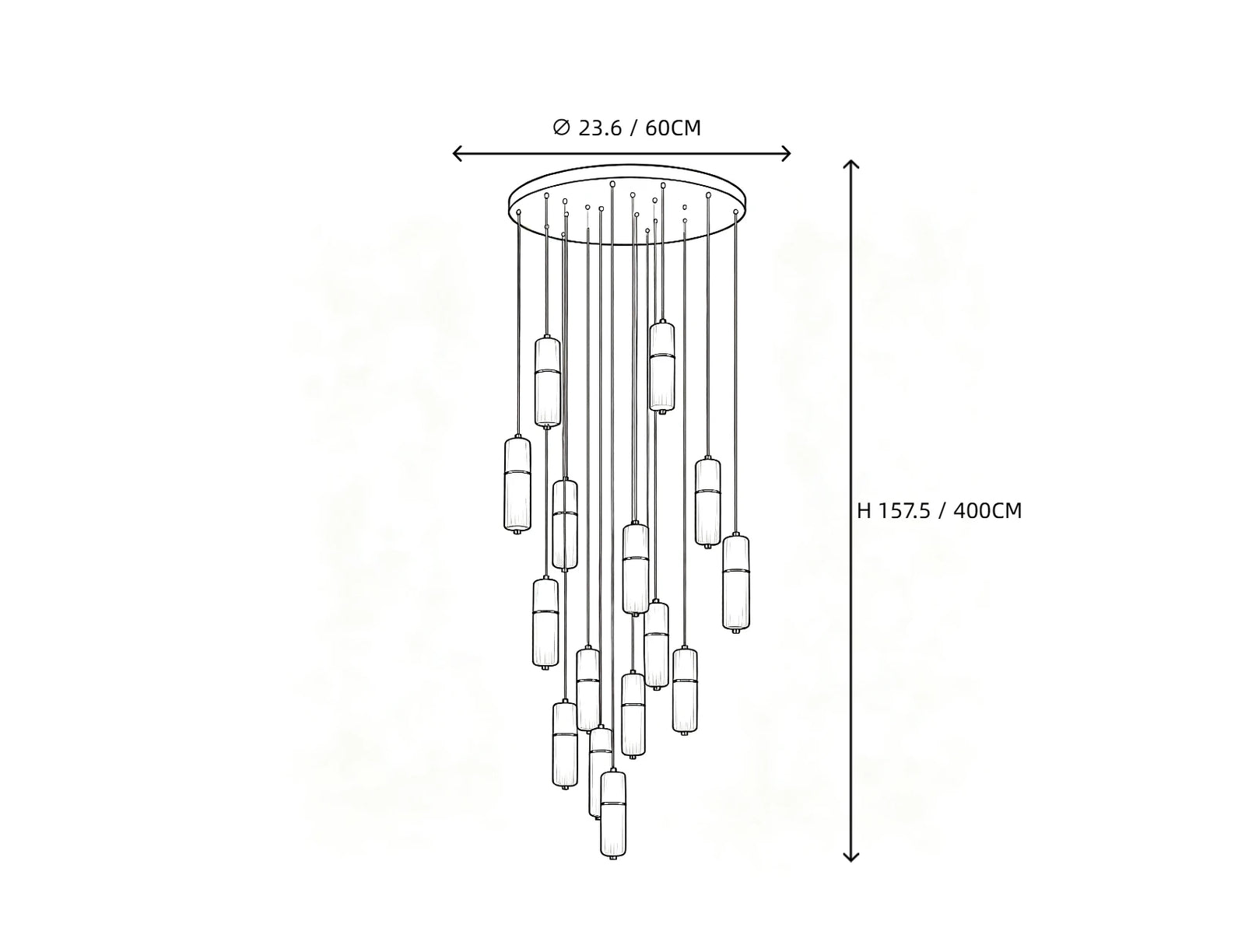 15 Light Alabaster Cylinder Chandelier Line Art Dimension Diagram