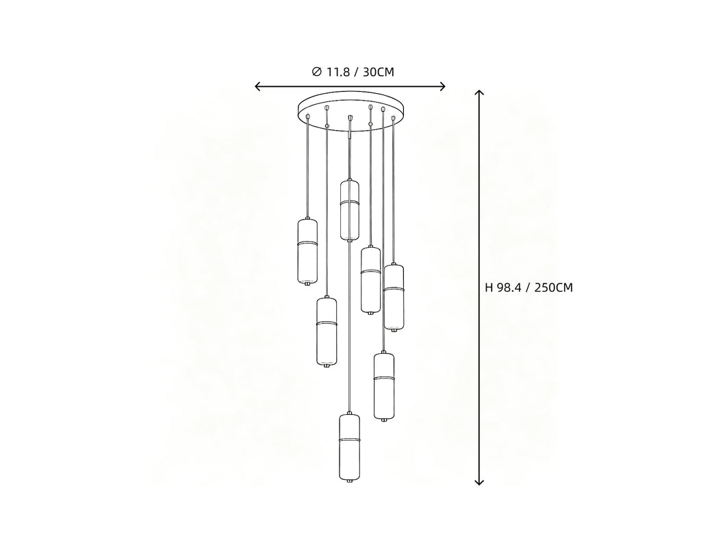 7 Light Alabaster Cylinder Chandelier Line Art Dimension Diagram