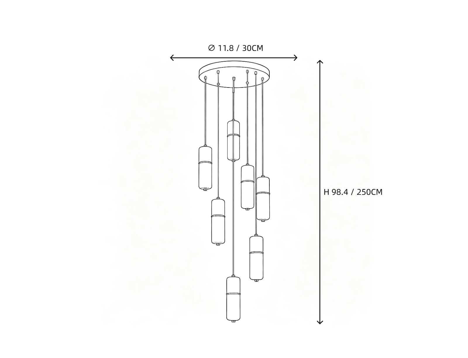 7 Light Alabaster Cylinder Chandelier Line Art Dimension Diagram