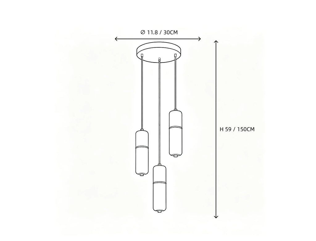 3 Light Alabaster Cylinder Chandelier Line Art Dimension Diagram