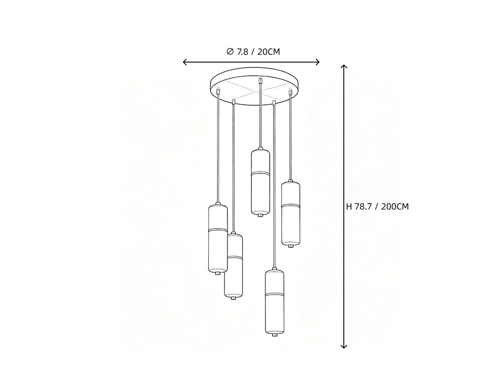 5 Light Alabaster Cylinder Chandelier Line Art Dimension Diagram