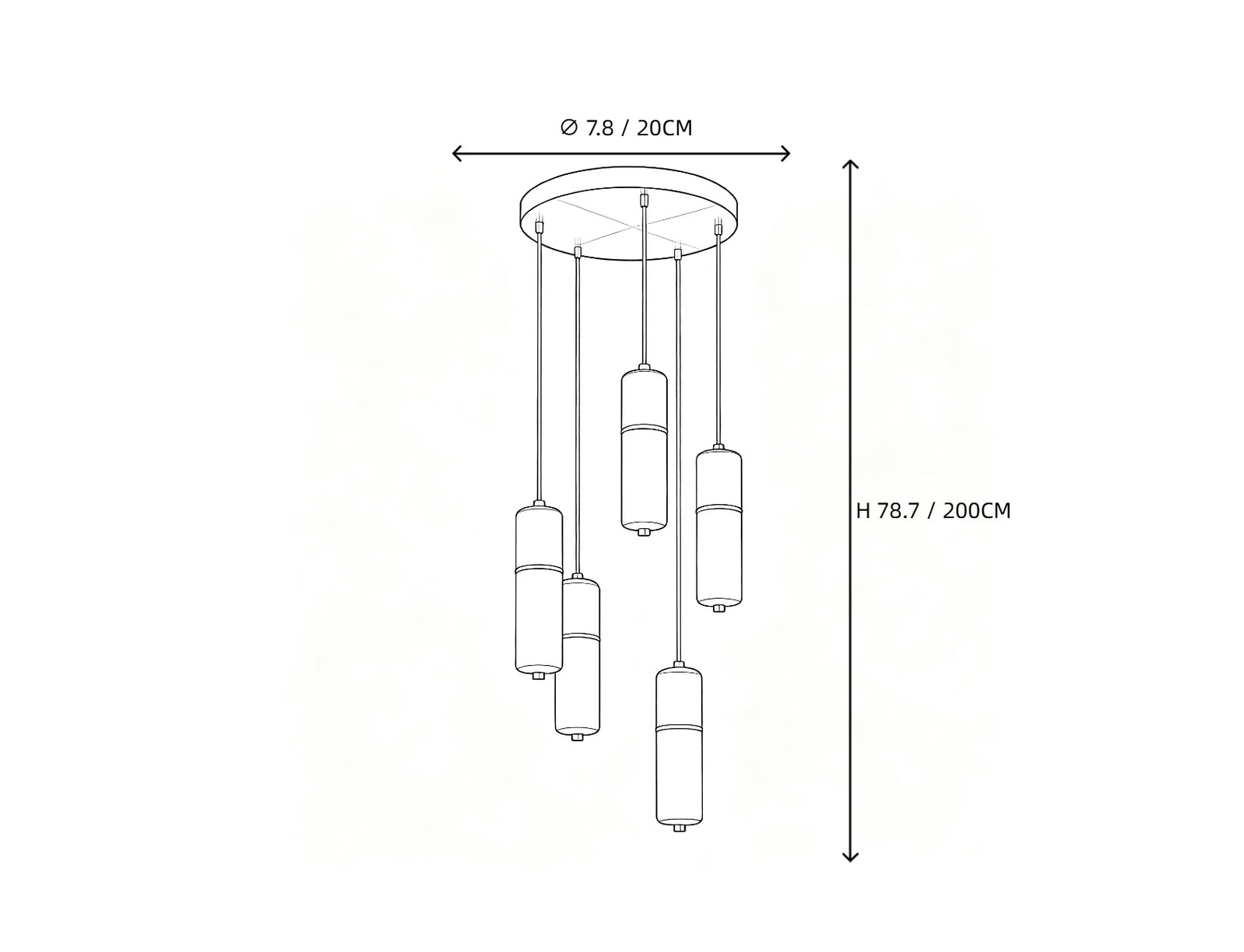 5 Light Alabaster Cylinder Chandelier Line Art Dimension Diagram