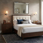 Pair of Pleated Porcelain Wall Sconces Flanking Bedroom Bed