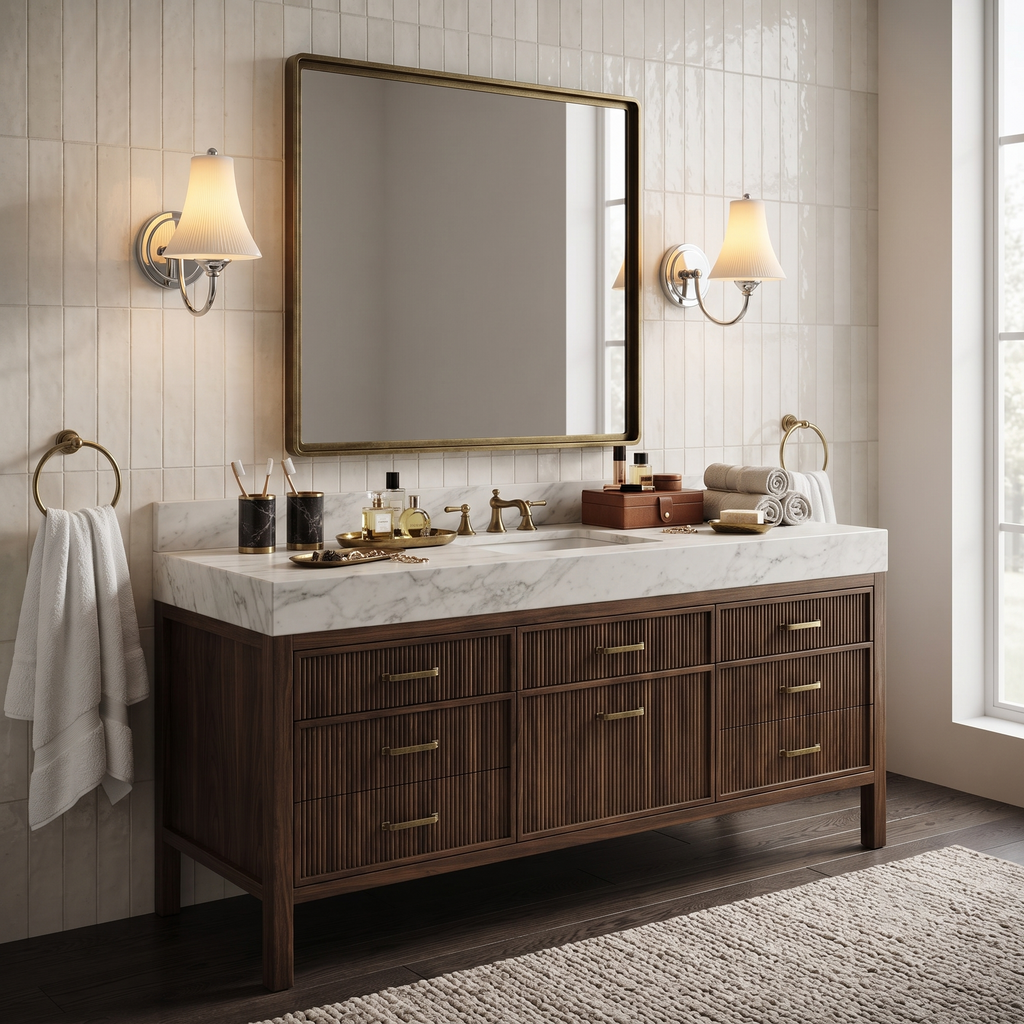 Pair of Elegant Porcelain Vanity Sconces Flanking Bathroom Mirror