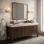 Pair of Elegant Porcelain Vanity Sconces Flanking Bathroom Mirror