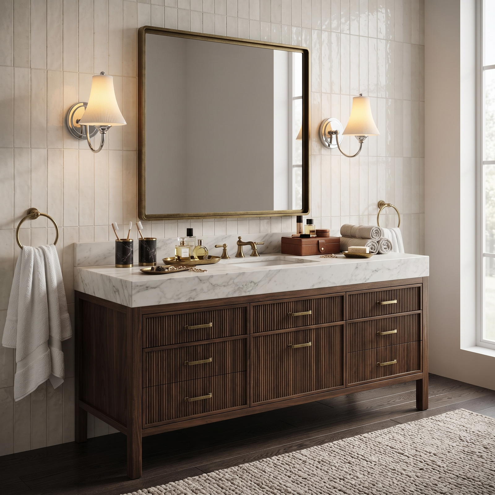 Pair of Elegant Porcelain Vanity Sconces Flanking Bathroom Mirror