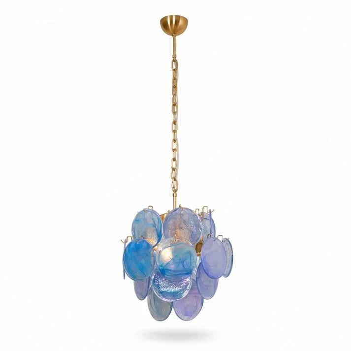 Blue Glass Disc Chandelier with Brass Chain Product Shot