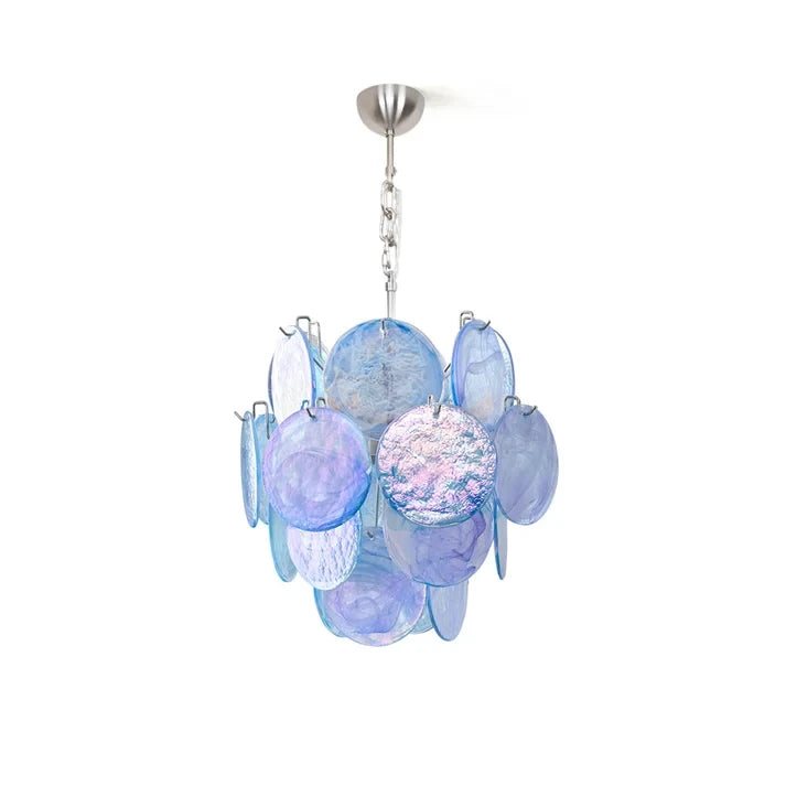 Blue Iridescent Glass Disc Chandelier on White Background