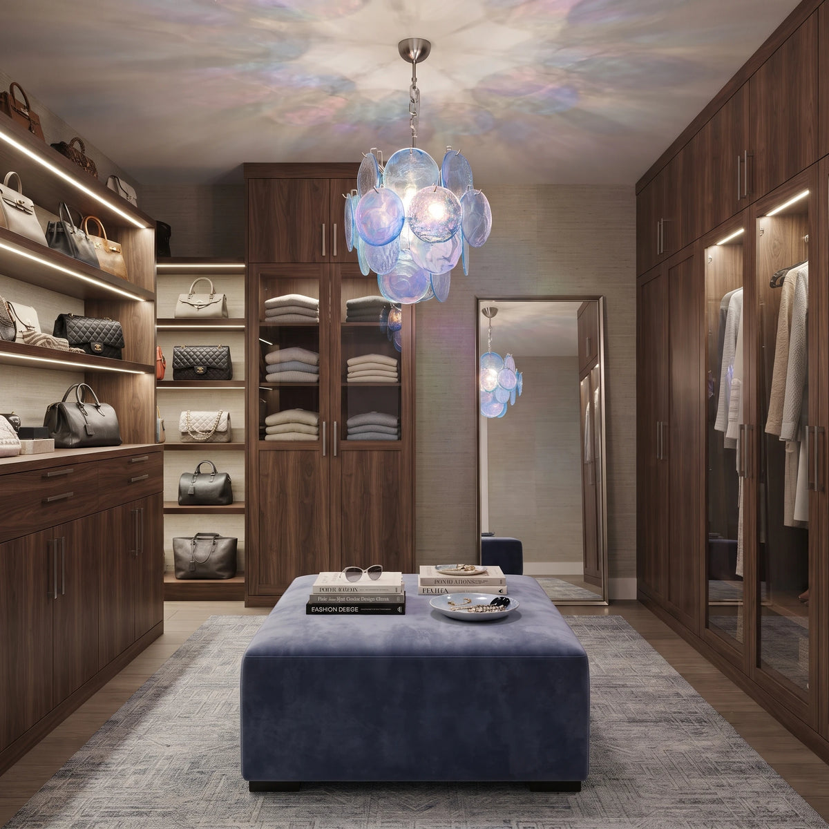 Blue Glass Disc Chandelier in Luxury Walk-In Closet