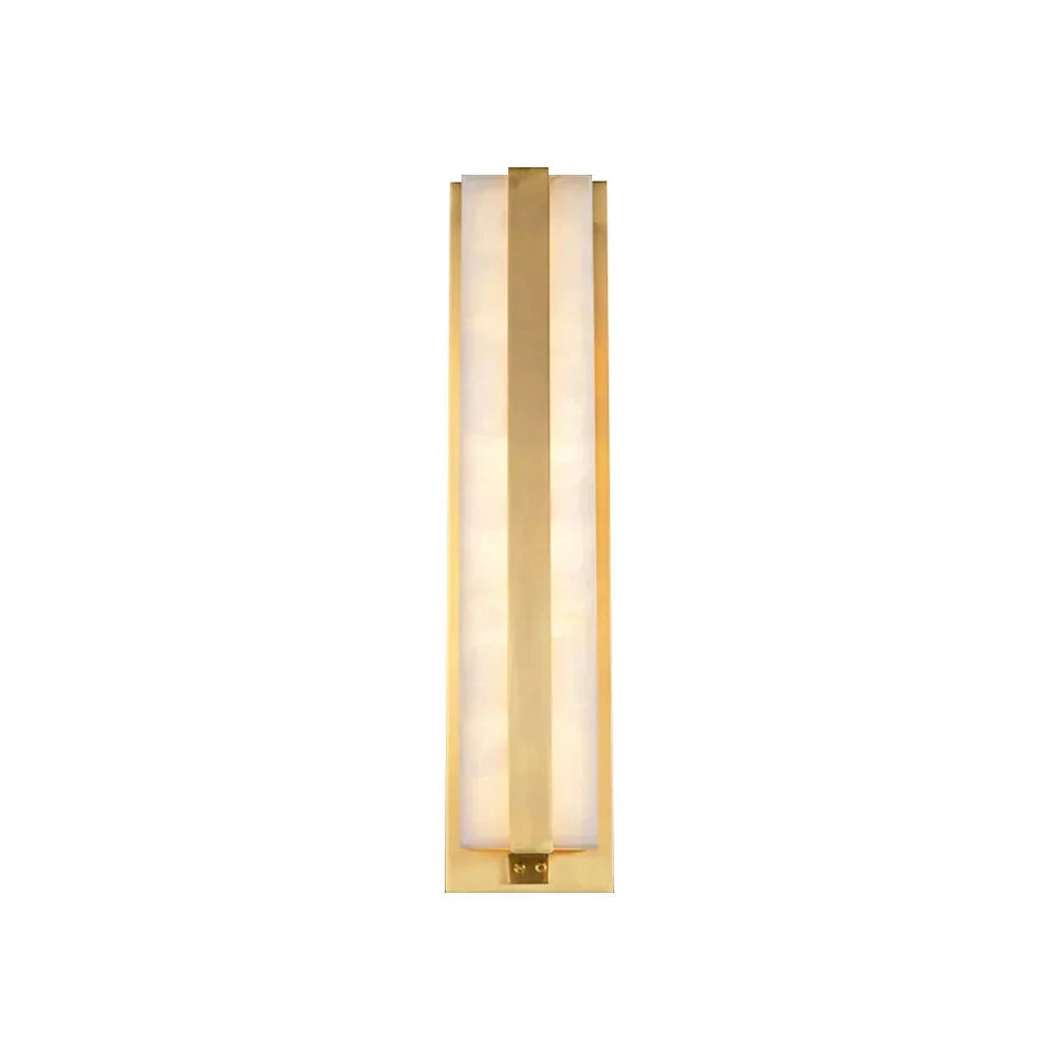 Modern Rectangular Alabaster Bar LED Wall Sconce with Brass Frame Accent on White Background