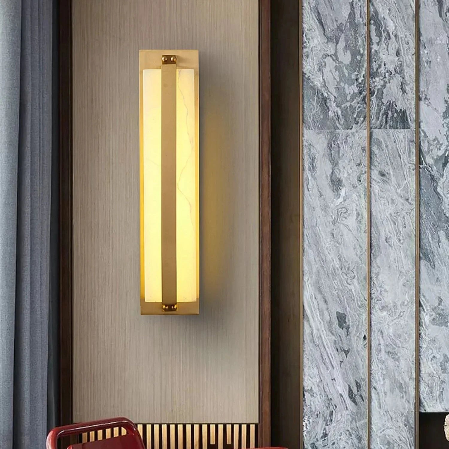 Rectangular Alabaster Bar Wall Light Mounted on Marble Accent Wall