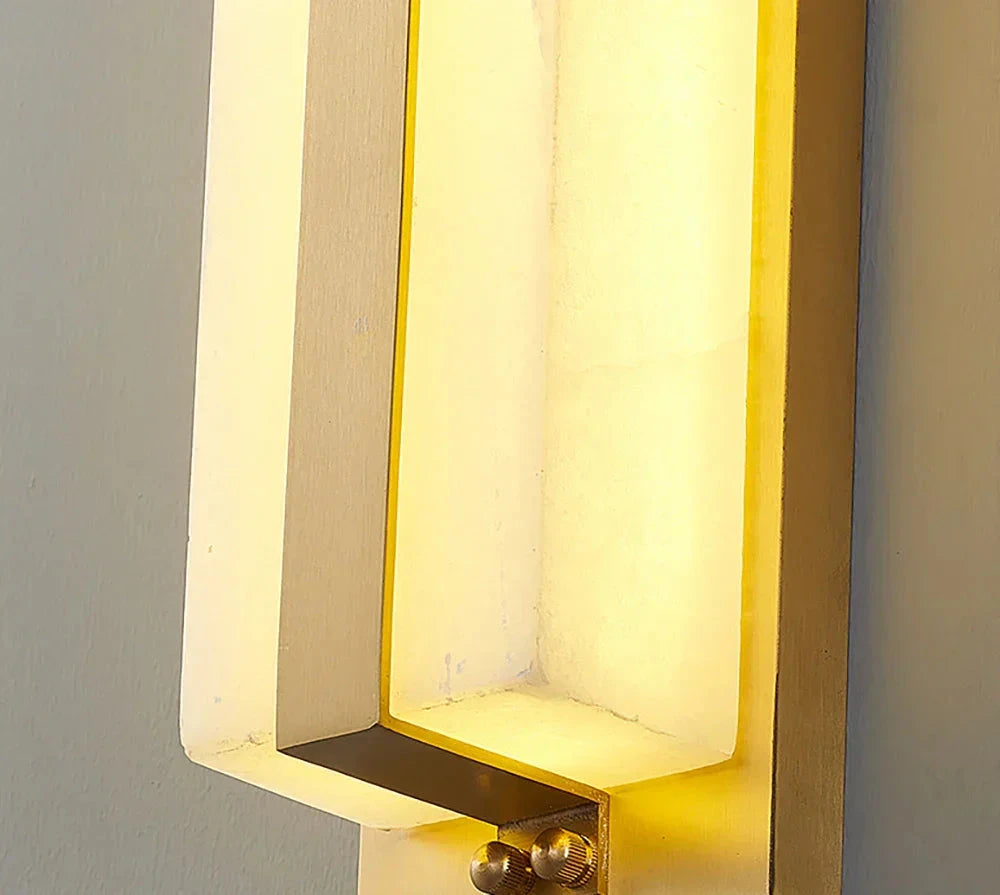 Detail View of Illuminated Alabaster Stone Grain and Brass Accent