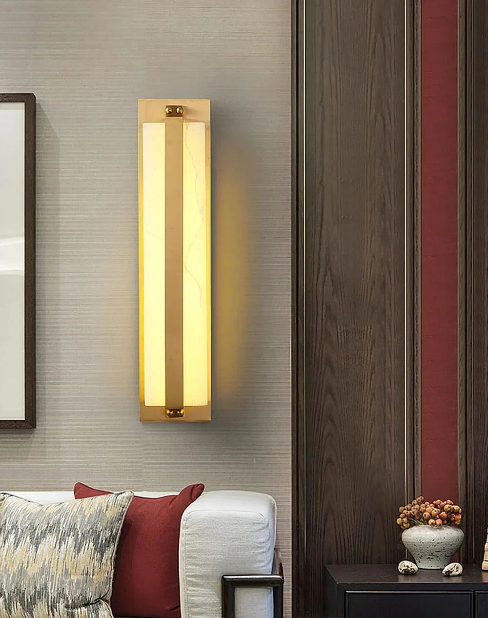 Rectangular Alabaster LED Sconce Over Living Room Seating Area