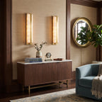 Pair of Rectangular Alabaster Wall Sconces Flanking Storage Credenza