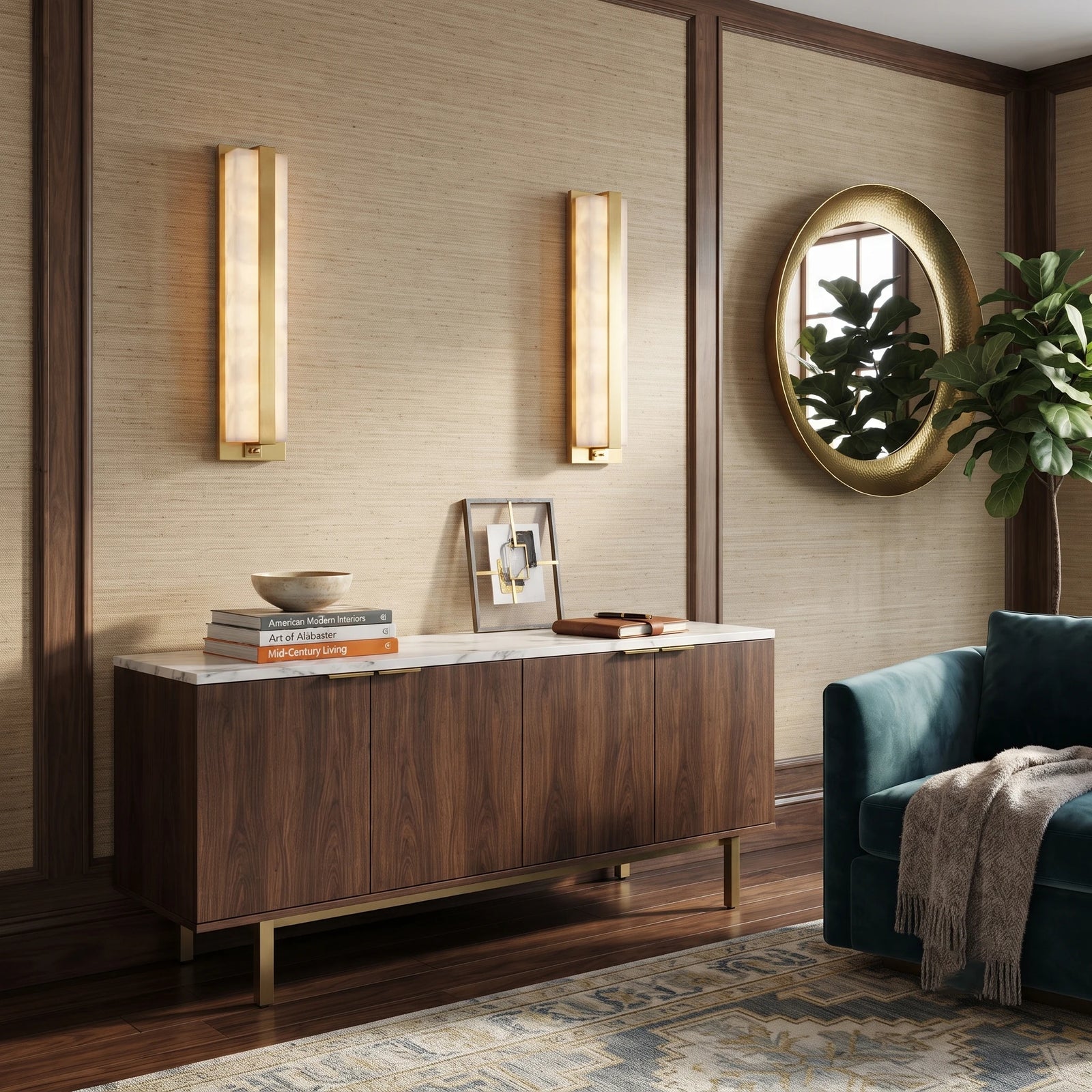Pair of Modern Alabaster Bar Sconces Over Living Room Console