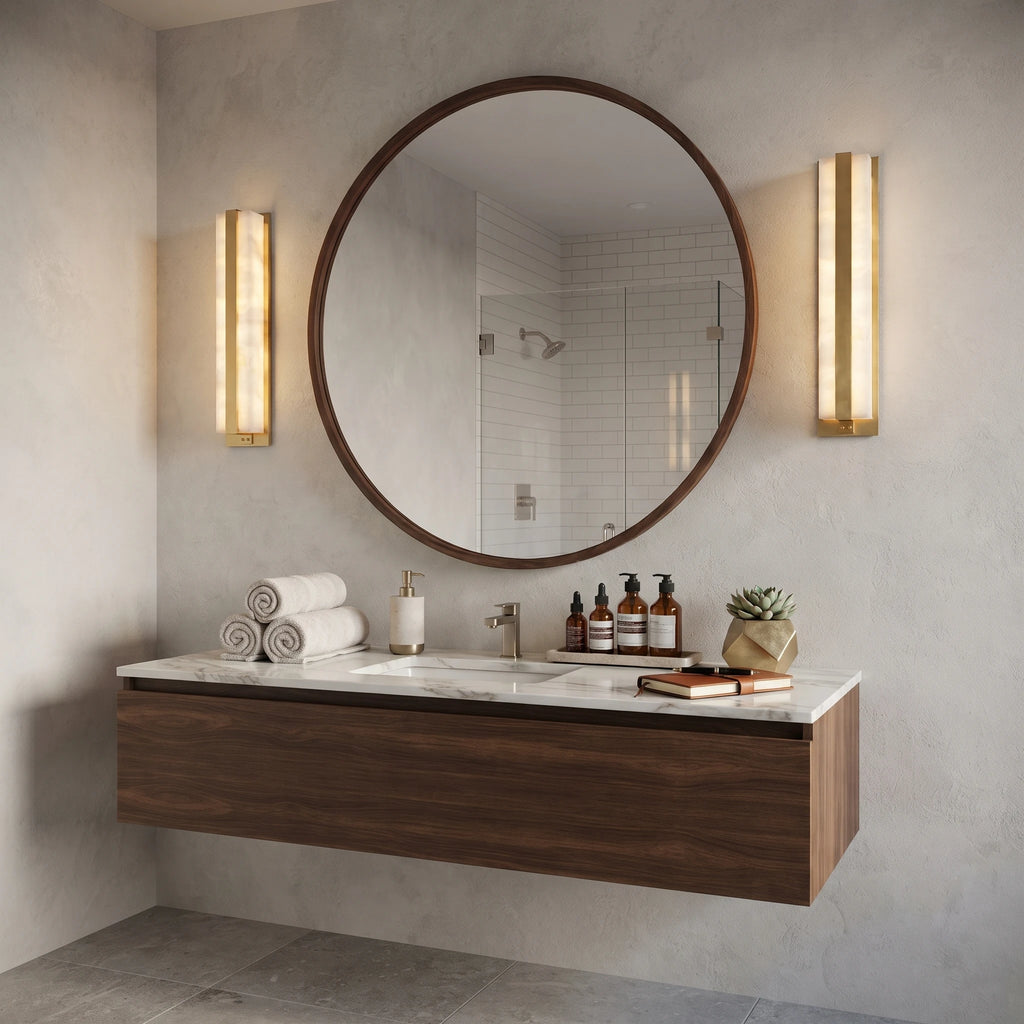Pair of Rectangular Alabaster Vanity Sconces Flanking Bathroom Mirror
