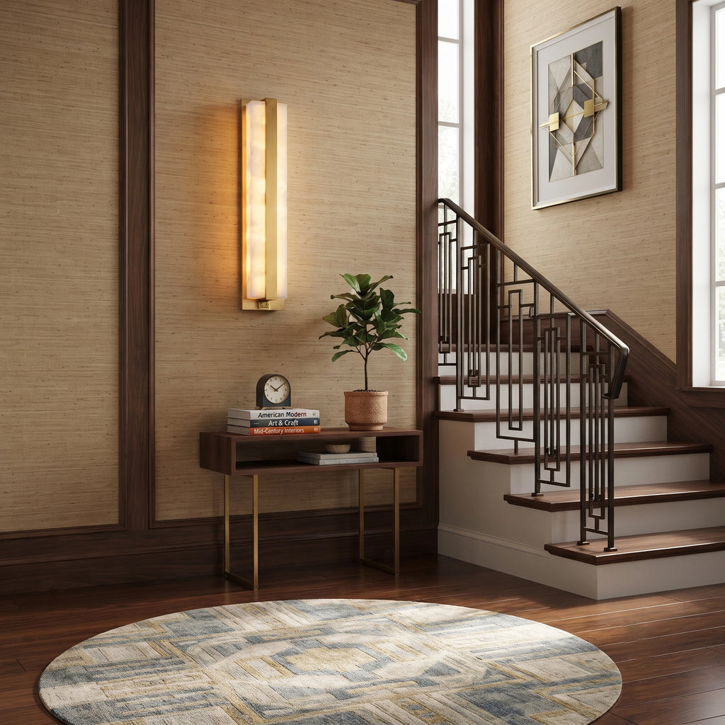 Modern Alabaster Bar Sconce Installed Near Stairway Nook