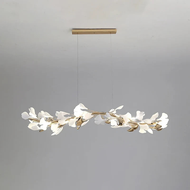 Illuminated Modern Gold Ginkgo Leaf Linear Chandelier Studio Shot