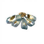 Modern Brass and Blue Ribbon Art Glass Semi-Flush Mount Ceiling Light with Gold Canopy on Pure White Background