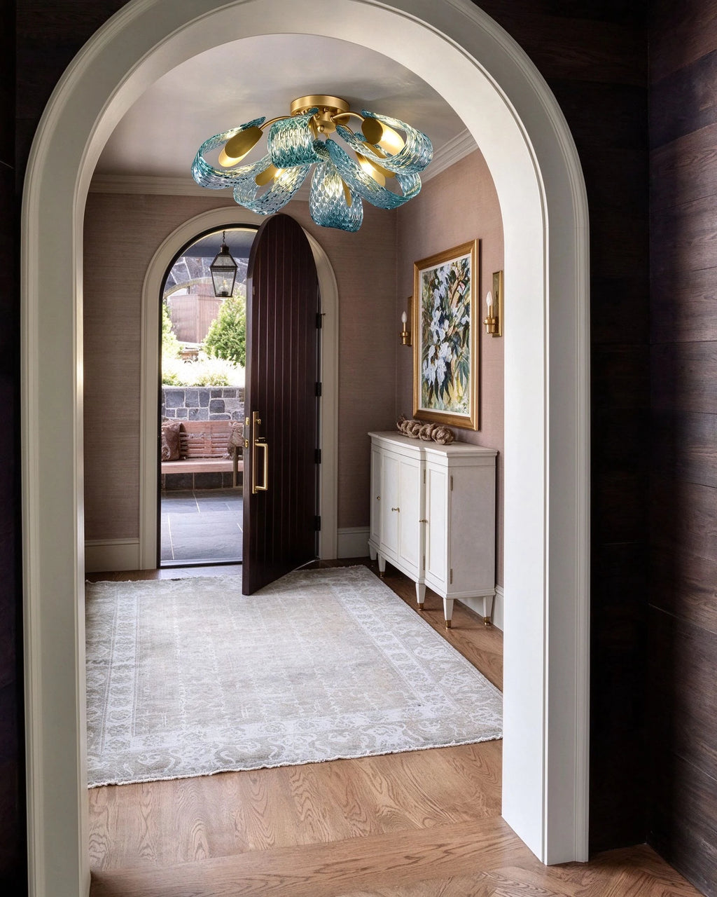 Modern Blue Ribbon Art Glass Ceiling Light in Grand Foyer Passageway