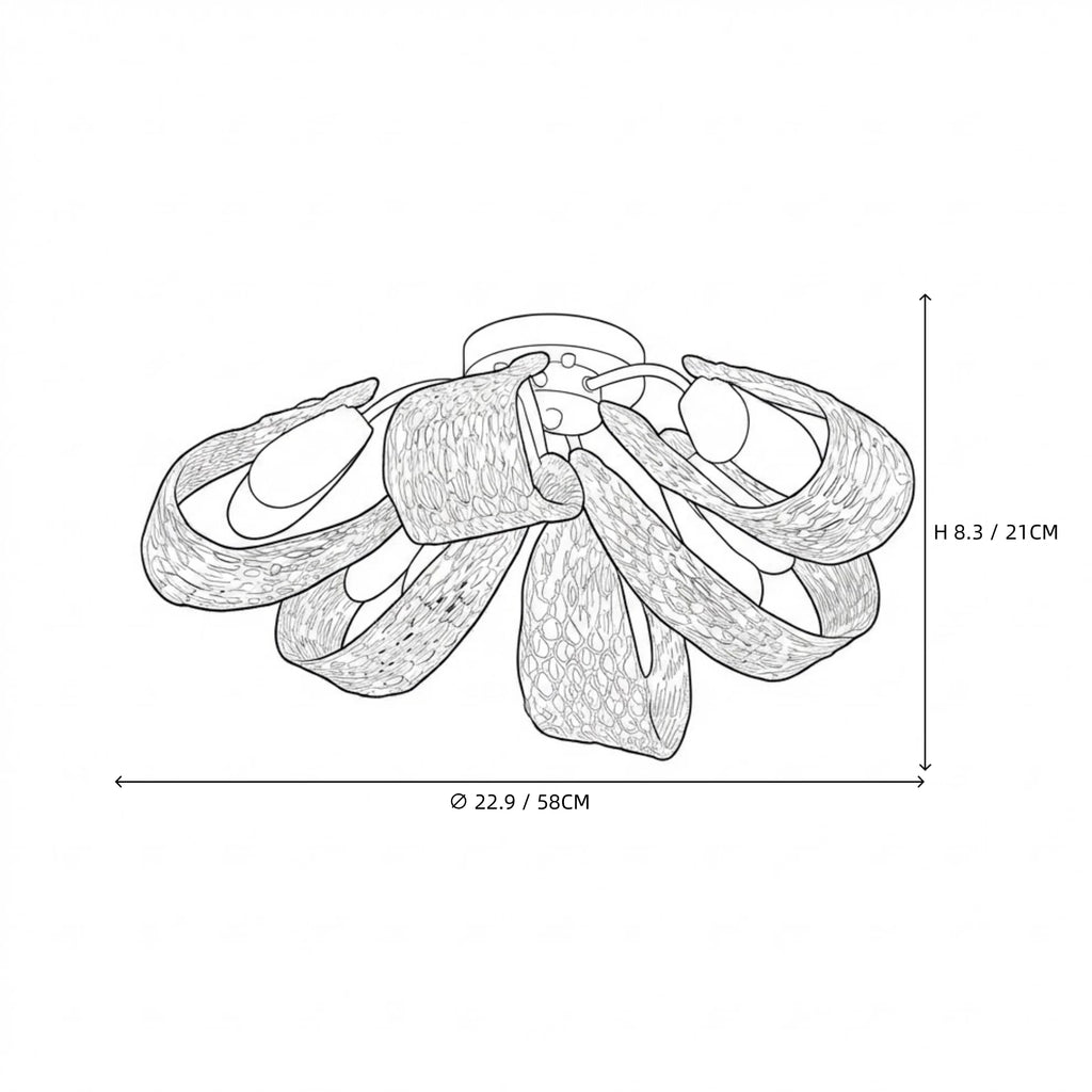 Modern Medium Blue Ribbon Art Glass Ceiling Light Line Art Dimension Diagram