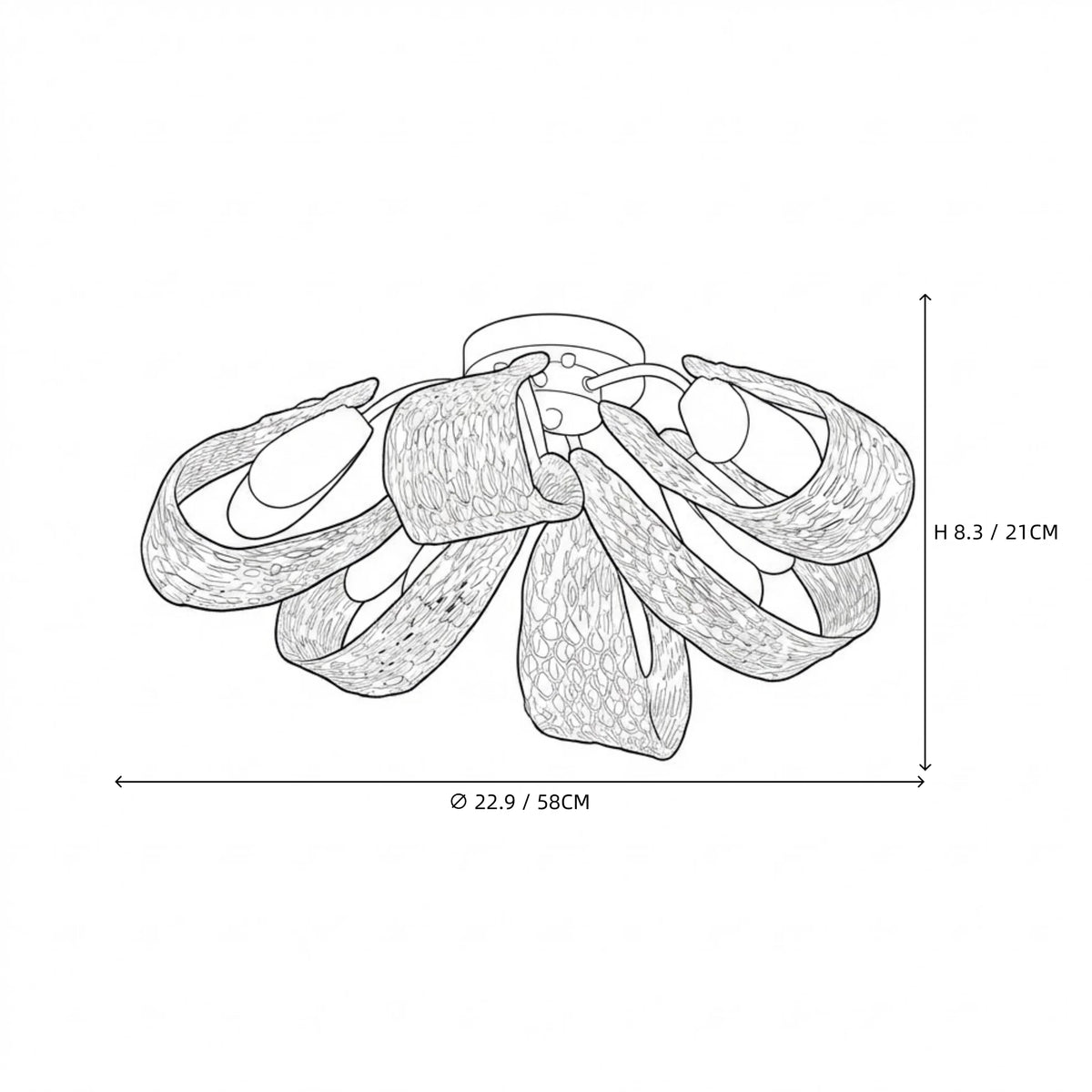 Modern Medium Blue Ribbon Art Glass Ceiling Light Line Art Dimension Diagram