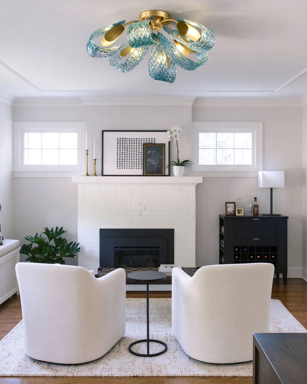 Modern Blue Ribbon Ceiling Light in Classic Living Room Setting