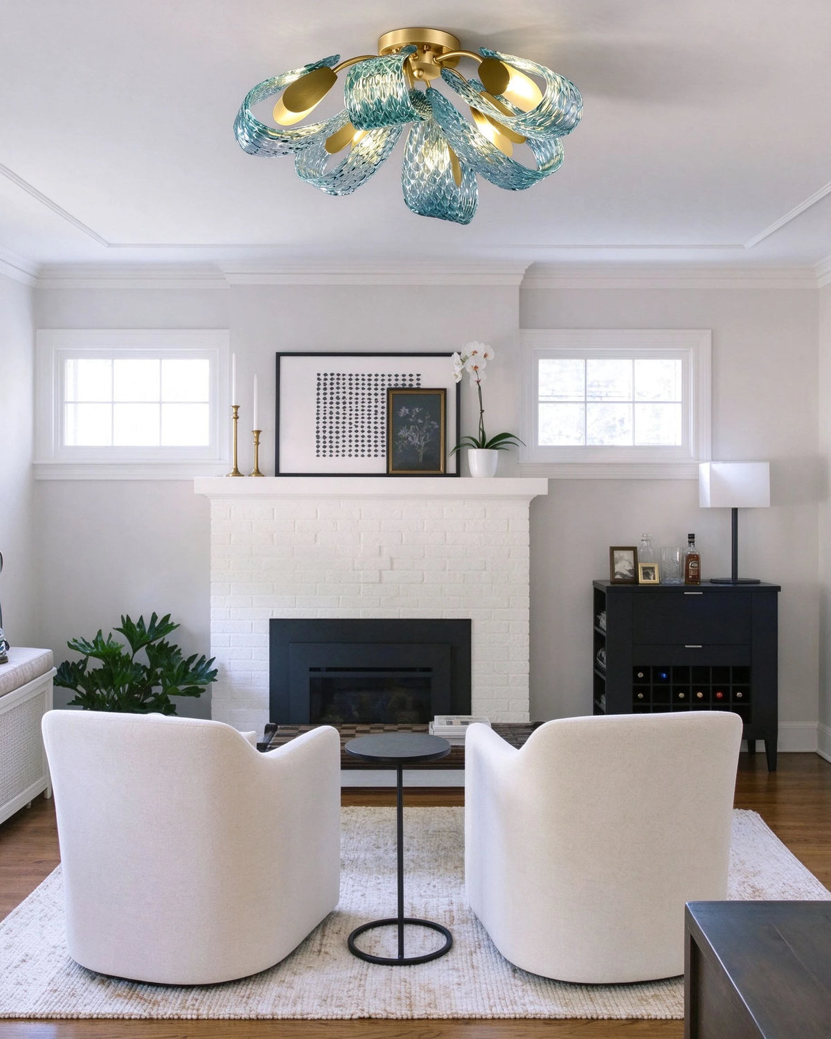 Modern Blue Ribbon Ceiling Light in Classic Living Room Setting