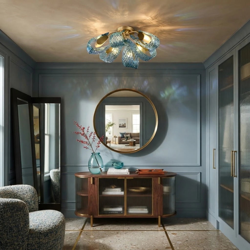 Modern Blue Ribbon Art Glass Ceiling Light in Cozy Living Room Setting