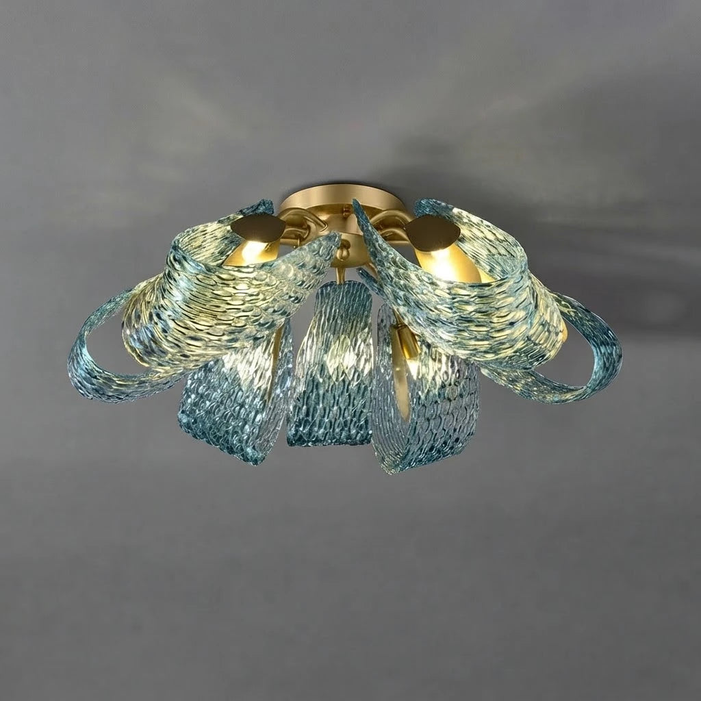 Illuminated Modern Large Blue Ribbon Art Glass Ceiling Light Studio Shot