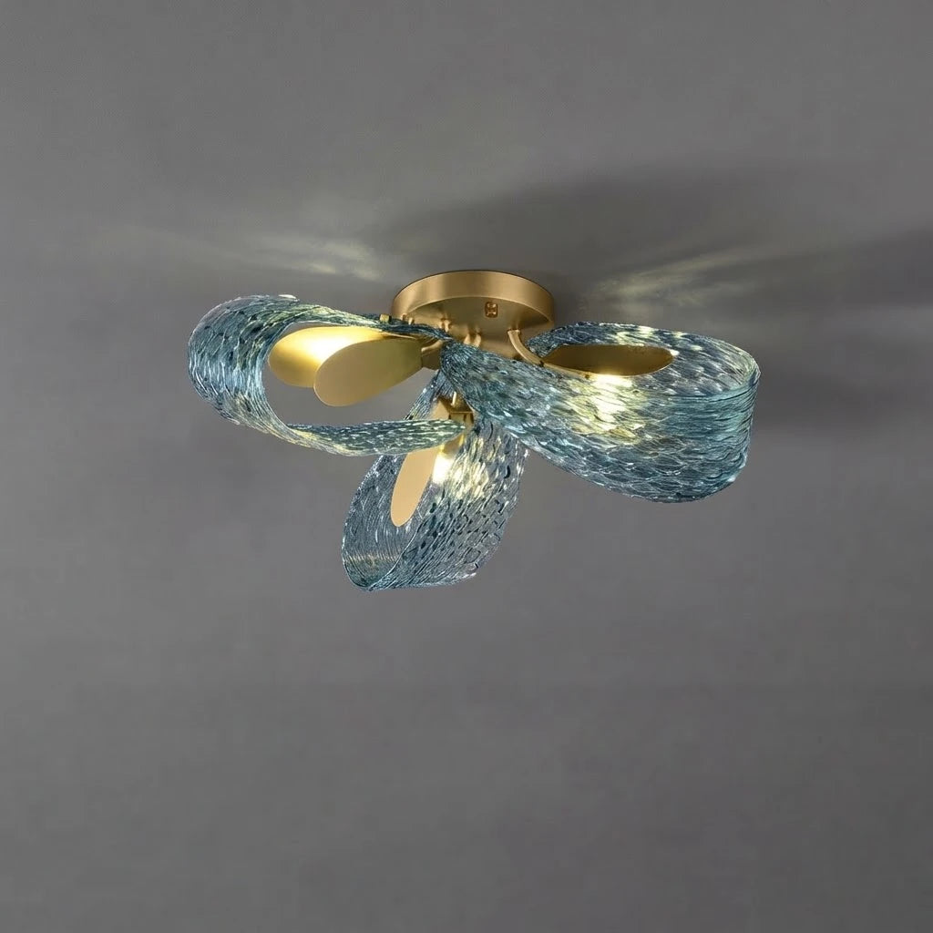 Illuminated Modern Small Blue Ribbon Art Glass Ceiling Light Studio Shot