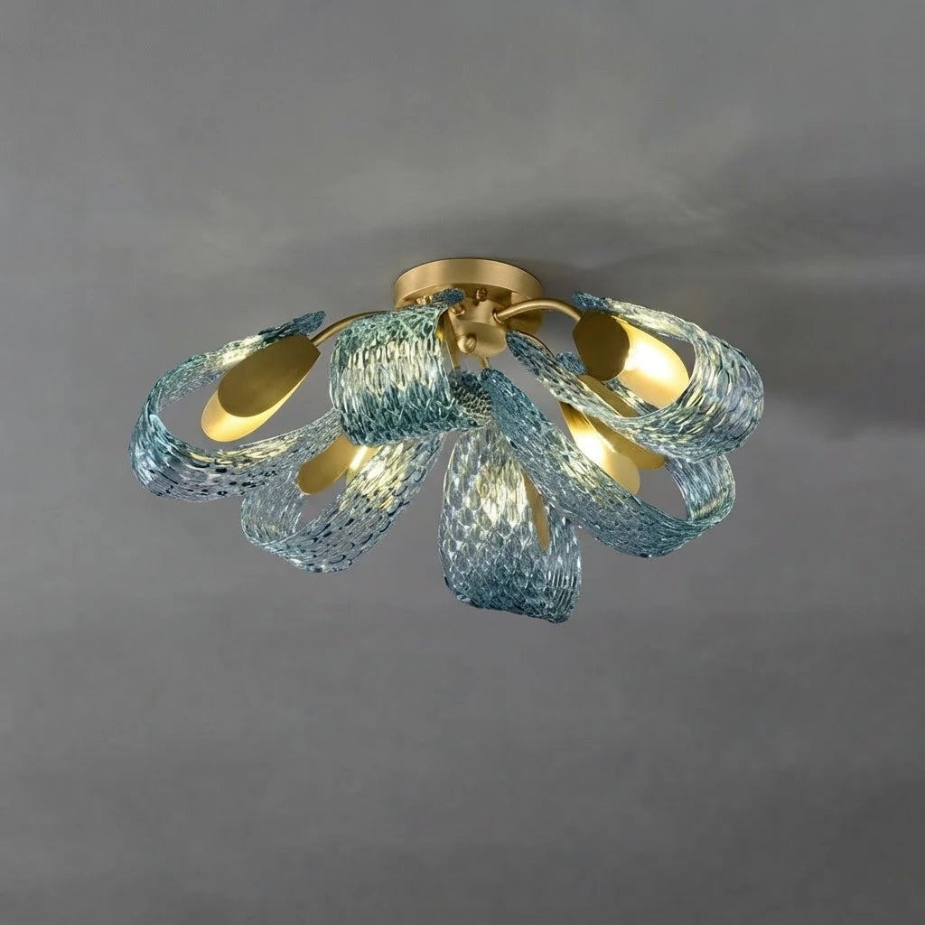 Illuminated Modern Medium Blue Ribbon Art Glass Ceiling Light Studio Display