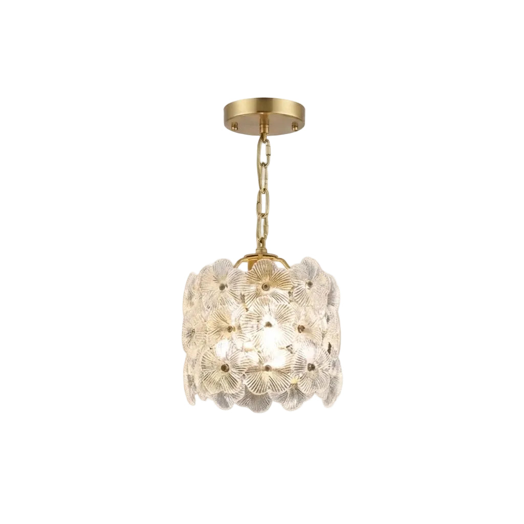 Modern Brass and Floral Art Glass Mini Pendant Light with Gold Canopy on Pure White Background