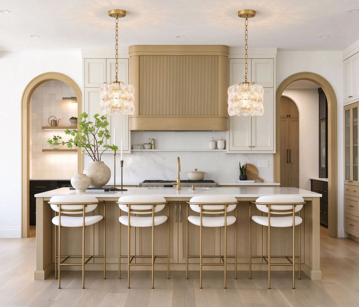 Modern Brass Floral Art Glass Mini Pendant Lights in Elegant Kitchen Space
