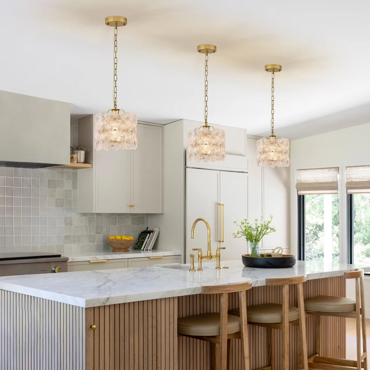 Modern Brass Floral Art Glass Mini Pendant Lights Over Kitchen Island