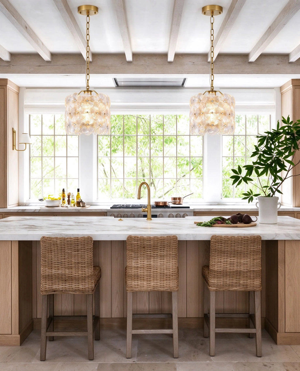 Modern Floral Art Glass Mini Pendant Lights Over Kitchen Island