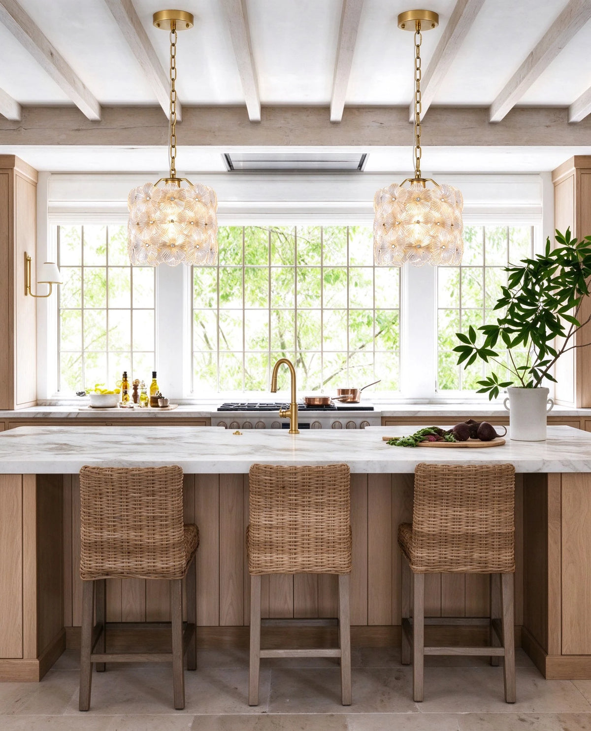 Modern Floral Art Glass Mini Pendant Lights Over Kitchen Island