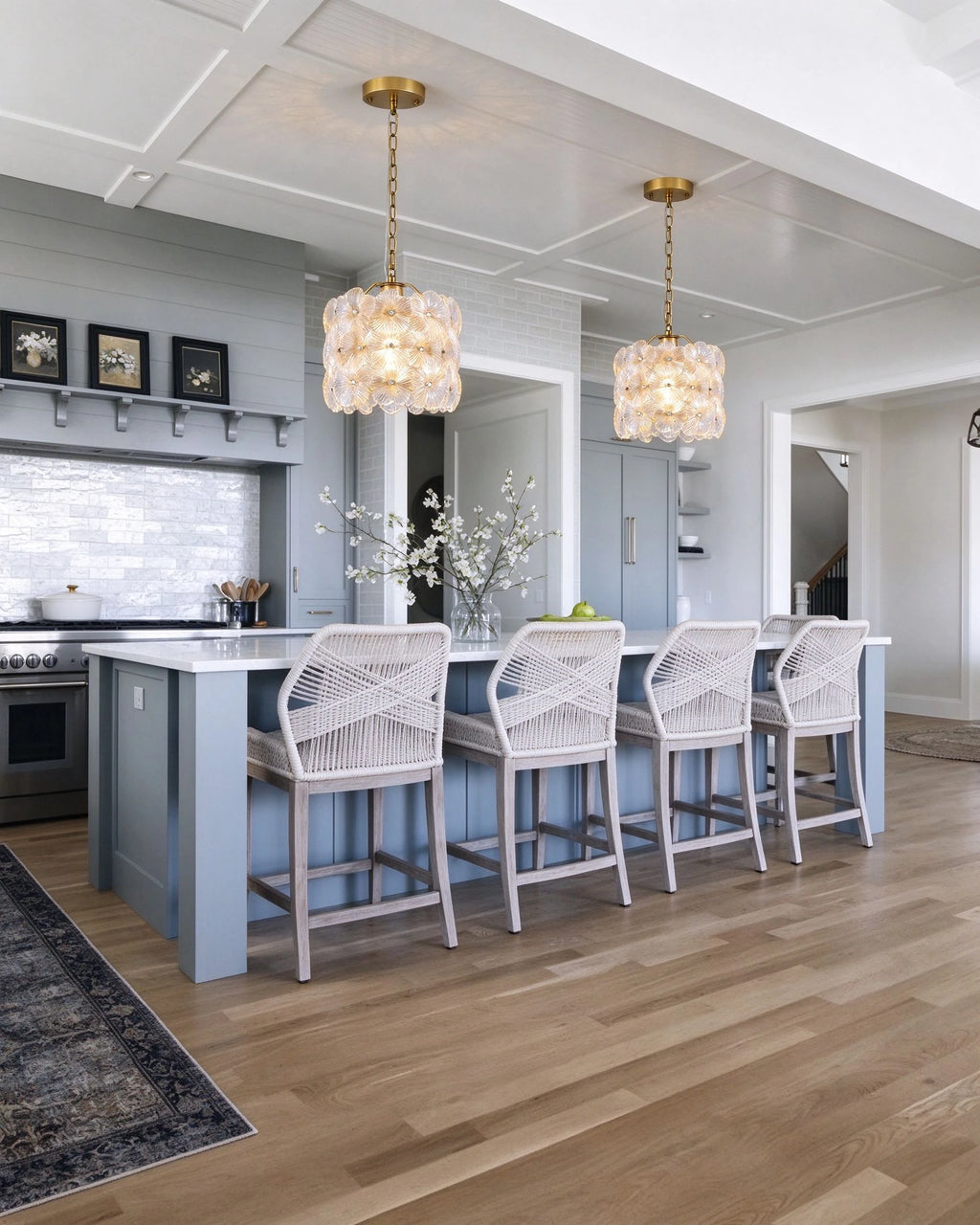 Modern Brass Floral Mini Pendant Lights in Open Plan Kitchen Setting