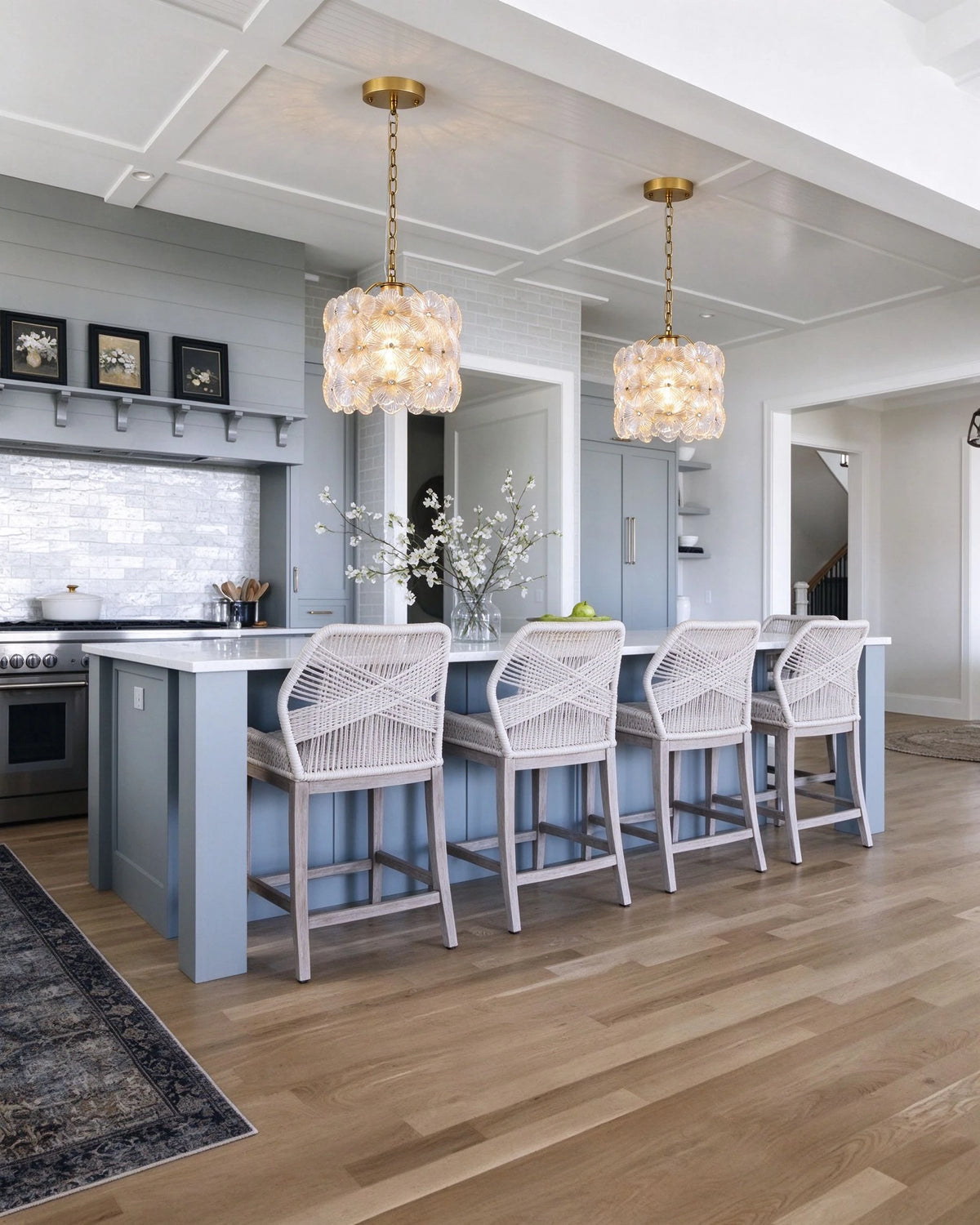 Modern Brass Floral Mini Pendant Lights in Open Plan Kitchen Setting