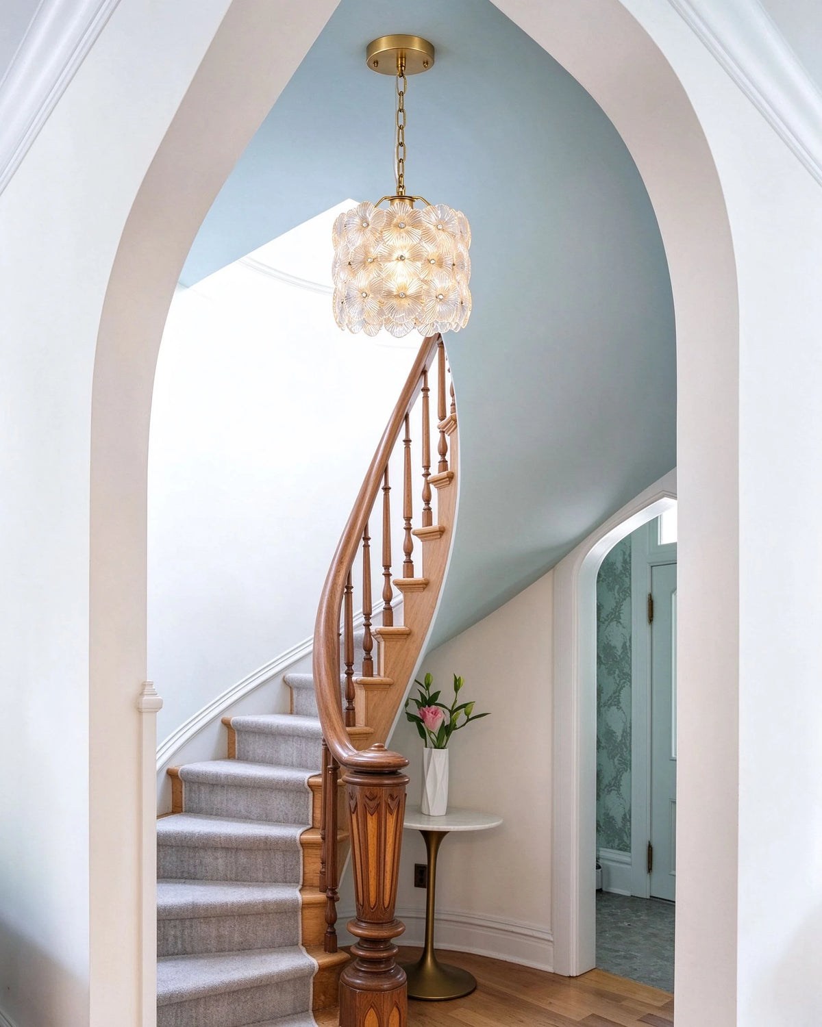 Modern Floral Art Glass Mini Pendant Light in Grand Staircase Foyer