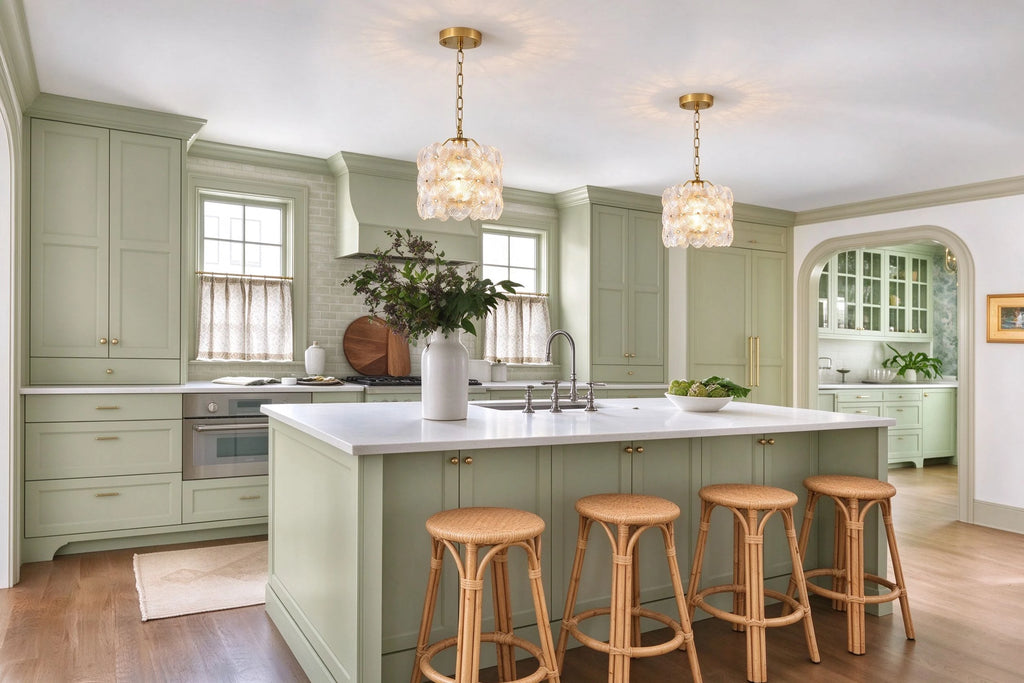 Modern Brass Floral Mini Pendant Lights in Green Kitchen Interior