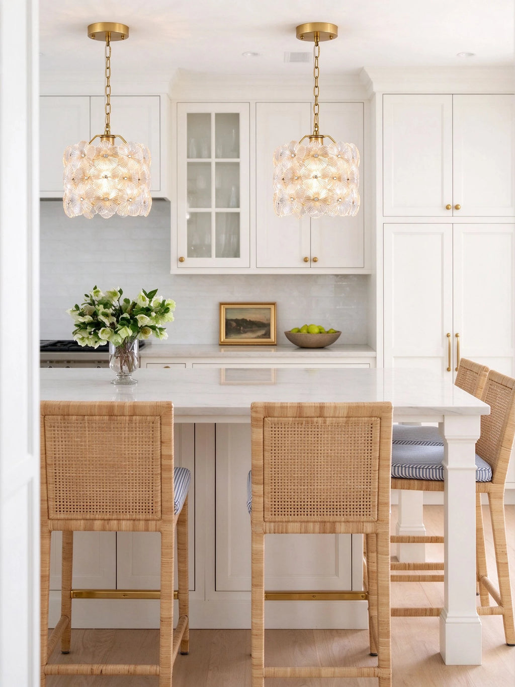 Modern Floral Art Glass Mini Pendant Lights Over White Kitchen Island