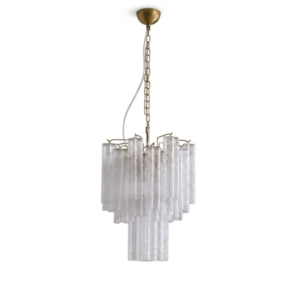 Modern Brass and Multi-Tier Ice Rod Art Glass Chandelier with Gold Canopy on Pure White Background
