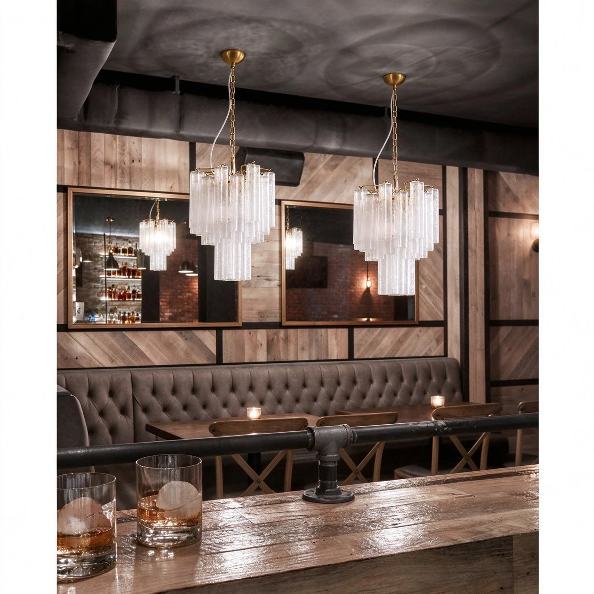 Illuminated Modern Ice Rod Chandeliers in Upscale Restaurant Setting