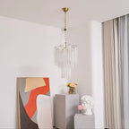 Front View of Modern Brass Multi-Tier Ice Rod Chandelier Studio Shot
