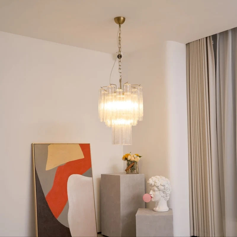 Illuminated Modern Multi-Tier Ice Rod Art Glass Chandelier Studio Display