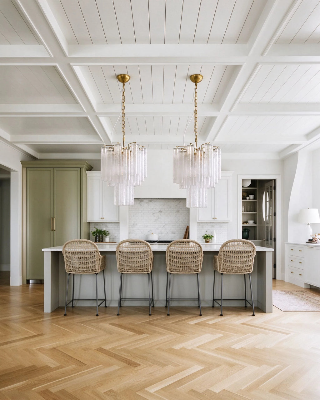 Modern Ice Rod Art Glass Chandeliers Over Kitchen Island